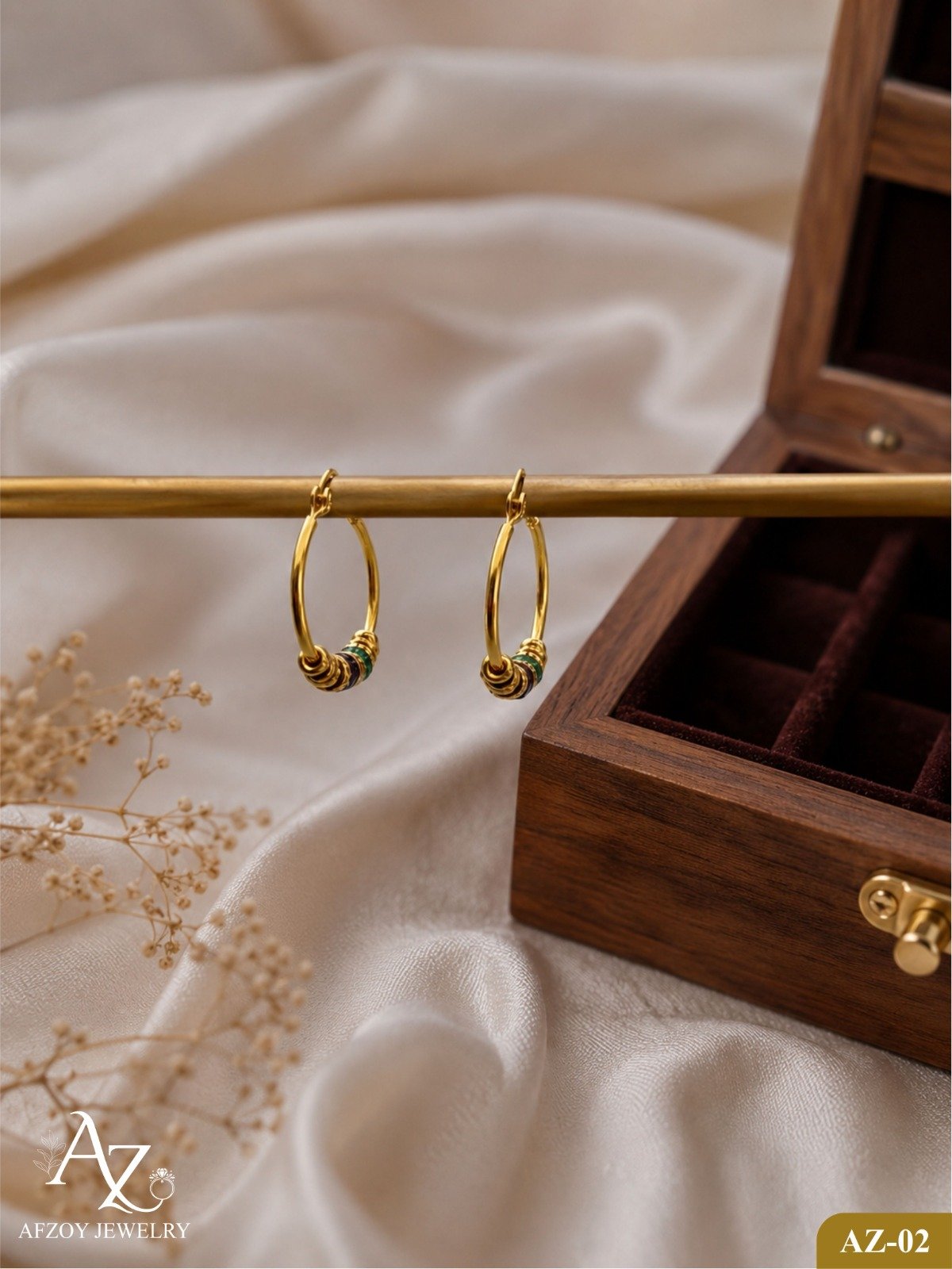 AZ Royal Gold Hoop Bali Earrings Blue Green - Handcrafted gold at Afzoy