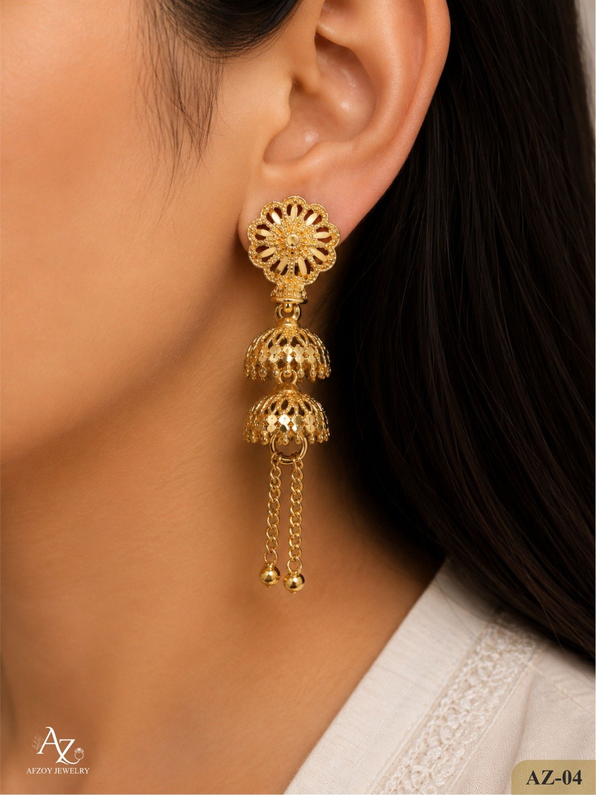 Royal Floral Double Layer Jhumka Earrings - Handcrafted gold at Afzoy