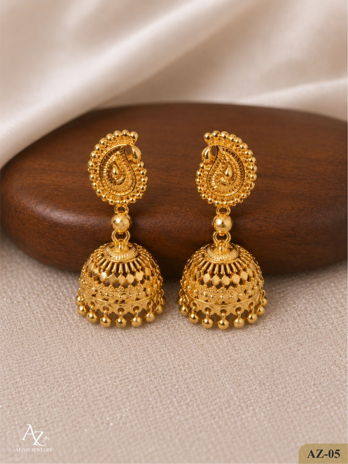 AZ Royal Paisley Jhumka Earrings and Leaf Design - Handcrafted gold at Afzoy