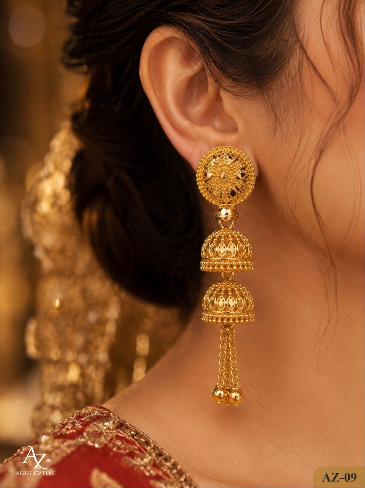 AZ Royal Triple Dome Jhumka Earrings - Handcrafted gold at Afzoy